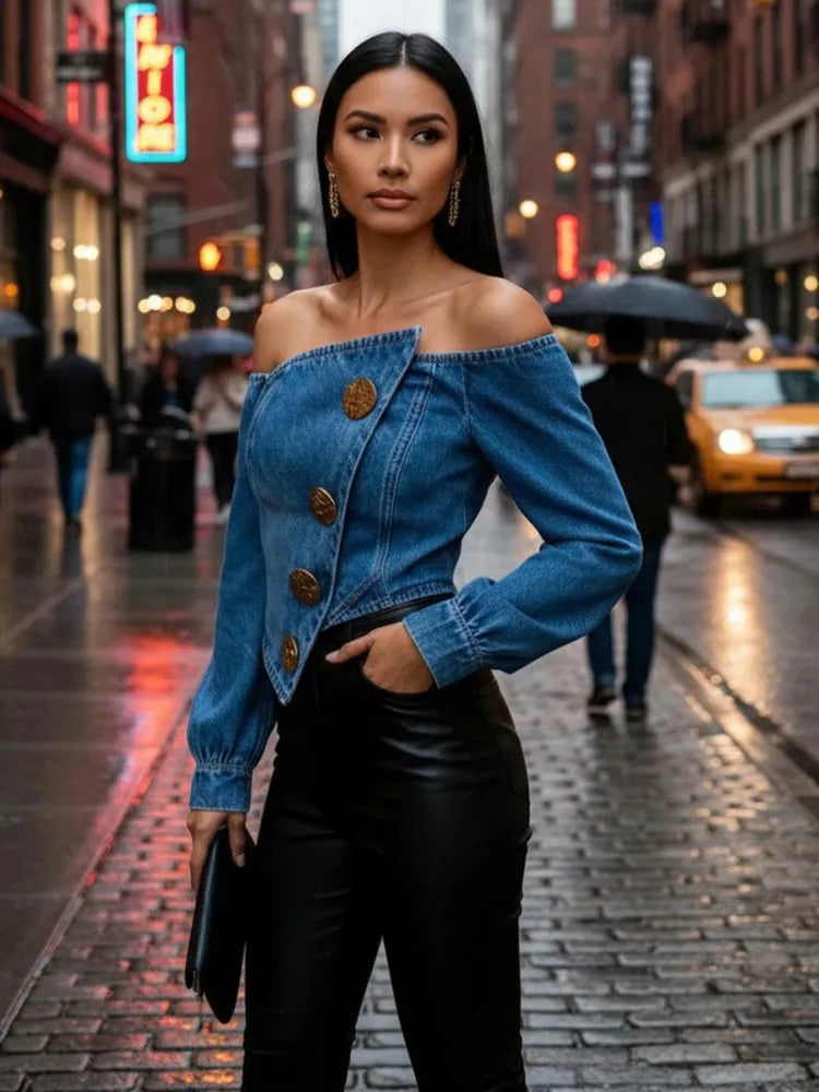 Women's Y2K Off Shoulder Denim Crop Tops Fashion Asymmetrical Hem Gold Button Long Sleeves Party Club Jean Blouses