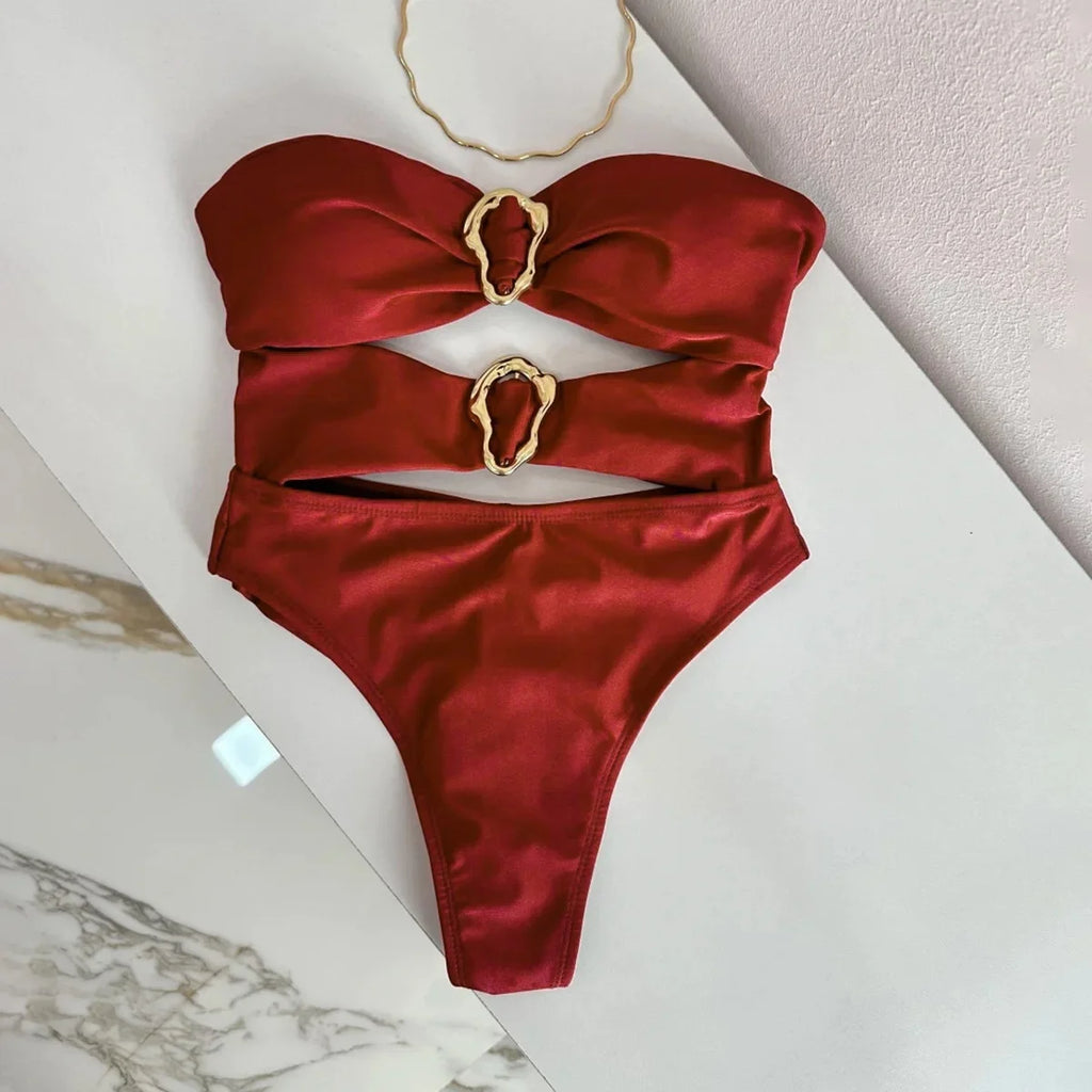 Women's Sexy Bandeau One Piece Swimsuit with Metal Rings Cut out High Leg Female Swimwear in 3 Colors Neoprene Knit Polyester Nylon