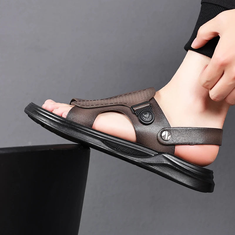 Mens First Layer Sheepskin Summer Sandals Genuine Leather Beach Shoes Casual Slip On Leather Slippers Comfortable Outdoor Male