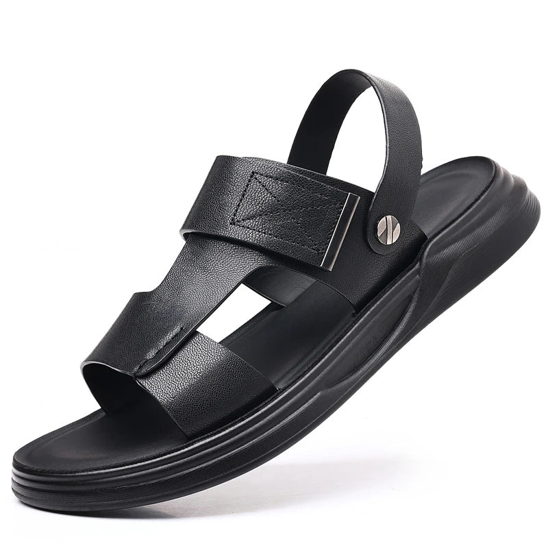 Mens First Layer Sheepskin Summer Sandals Genuine Leather Beach Shoes Casual Slip On Leather Slippers Comfortable Outdoor Male