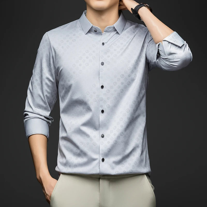 Luxury Men Shirt Long Sleeve Turn Down Collar Business Casual Button Down Dress Shirt