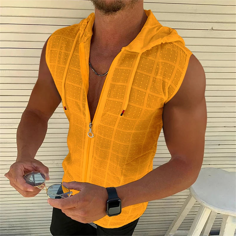 Sleeveless hooded zippered cardigan T-shirt for men's summer new fashionable