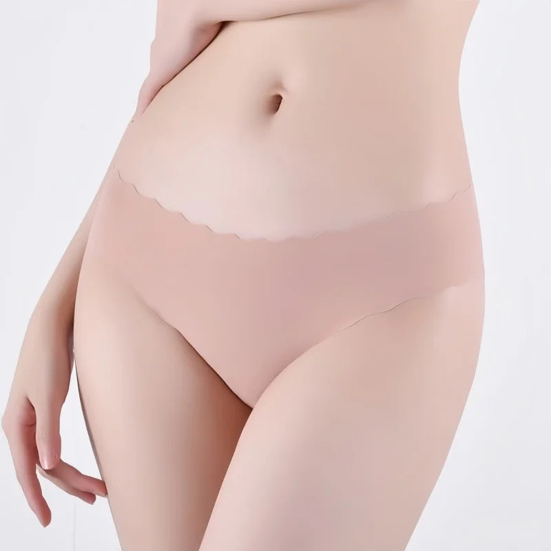 4Pcs/Set Ice Silk Mid-Rise Panties Women's Seamless Briefs Solid No Show Underwear Scalloped Edge Panties Sexy Lingerie