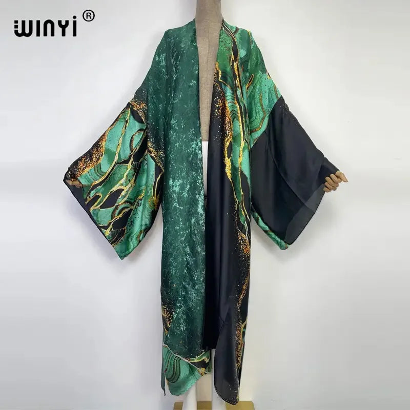 Women Cardigan stitch Cocktail sexy Boho Maxi African Holiday Batwing Sleeve Silk feeling Robe