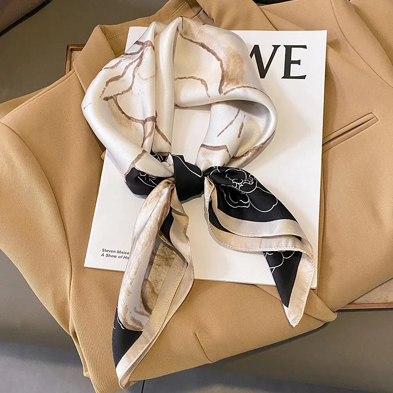 Luxury Imitation Silk Scarf Black And White Striped Head Wrap For Women Multifunction Silk Feeling Neckerchief