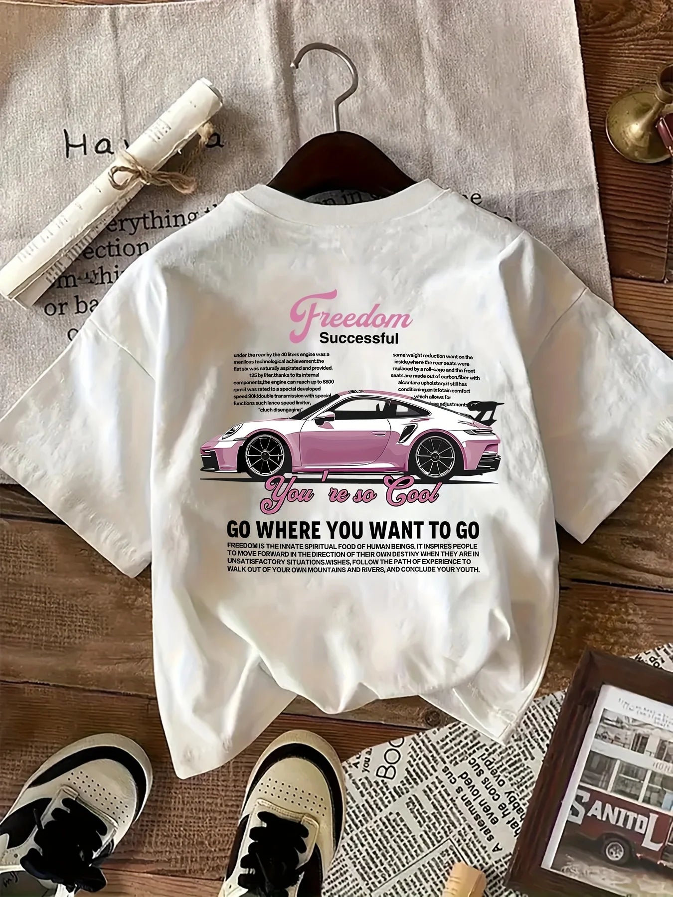 Pink Sports Car Freedom Women's Tee - Trendy Automotive Graphic, Casual Cool Top
