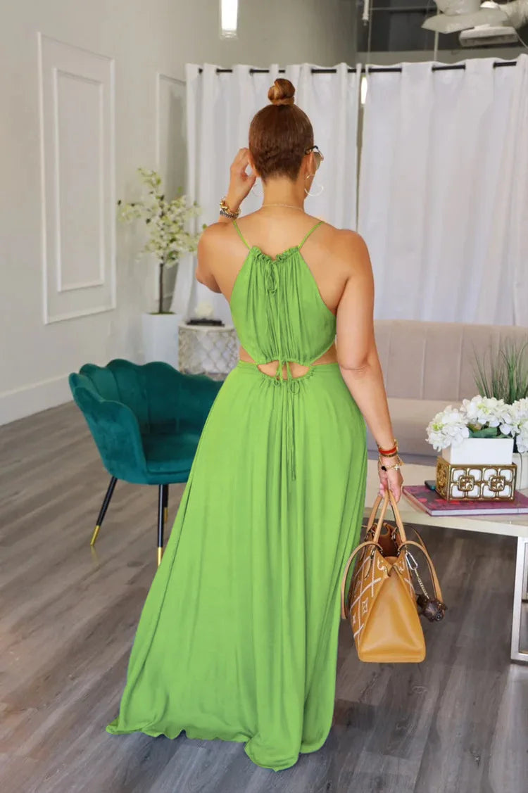 Women's Dress Summer Holiday Solid Long Dresses Sexy Drawstring Lace Up Sleeveless