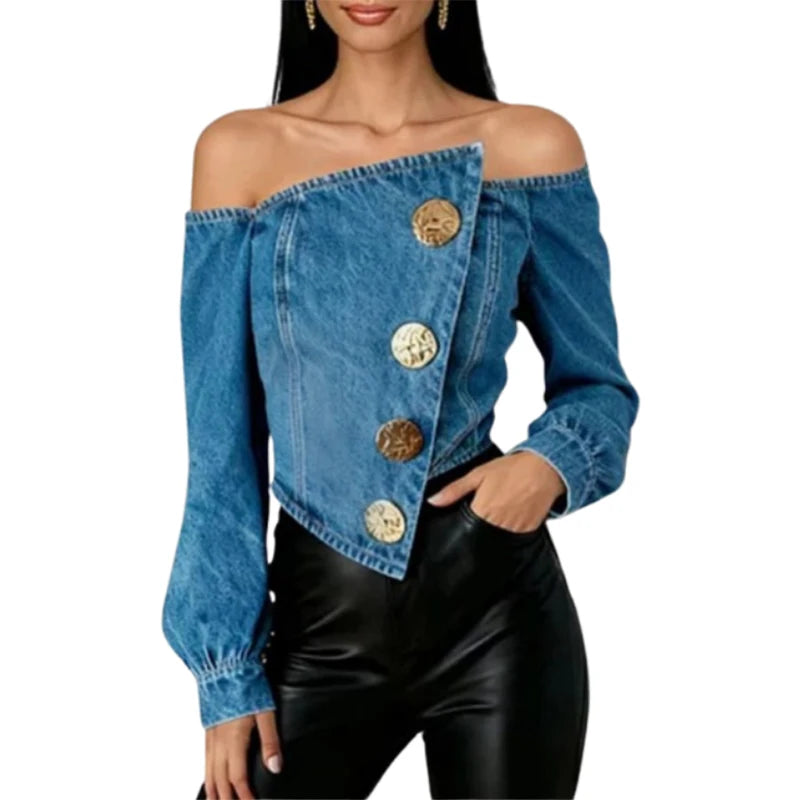 Women's Y2K Off Shoulder Denim Crop Tops Fashion Asymmetrical Hem Gold Button Long Sleeves Party Club Jean Blouses