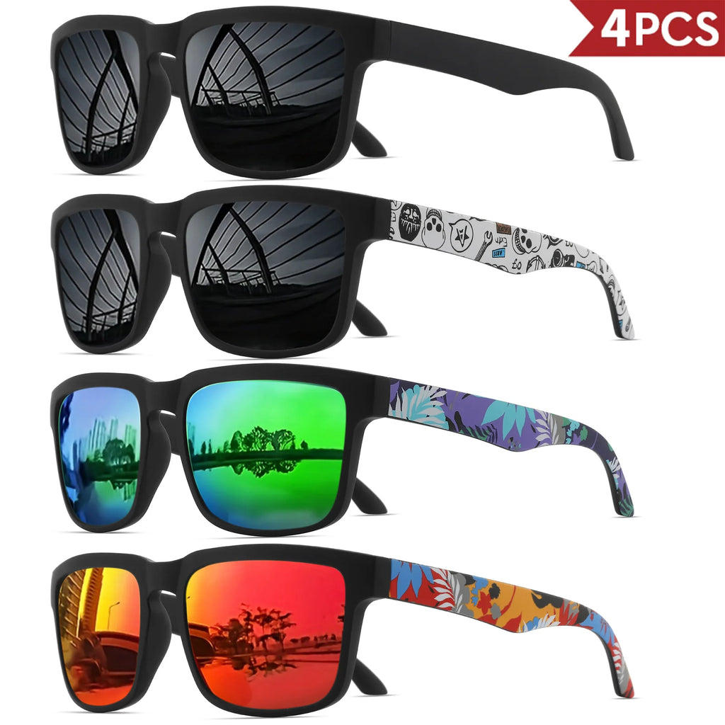 4PCS Square Sports Sunglasses with Designer Temple Pattern - UV400 for Men/Women, Beach Vacation