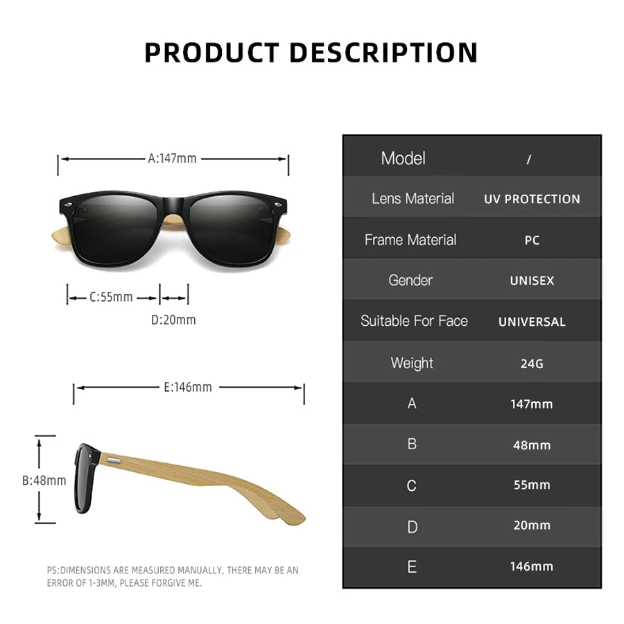 Fashion Bamboo Wood Vintage Square Sunglasses Men/Women Luxury Brand Designer Sun Glasses Wooden Driving Fishing UV400 Eyewear