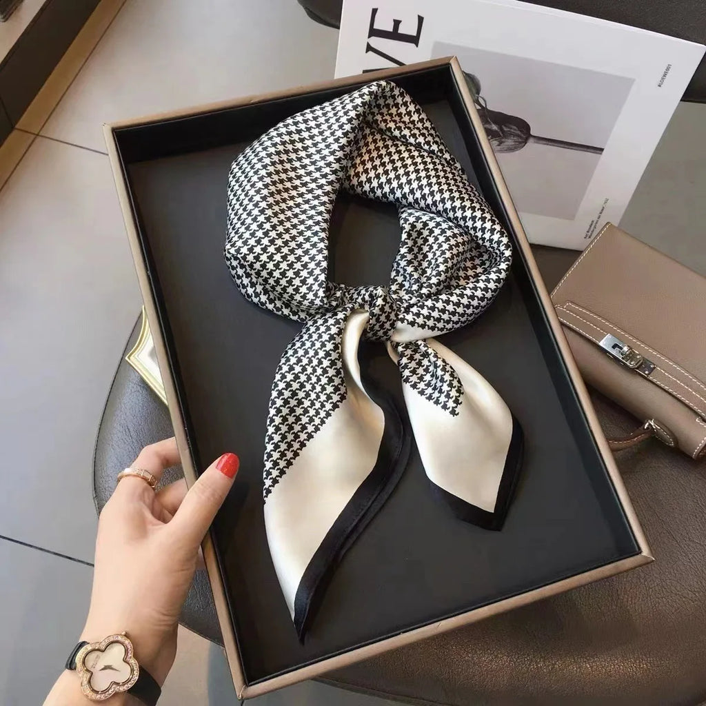 Luxury Imitation Silk Scarf Black And White Striped Head Wrap For Women Multifunction Silk Feeling Neckerchief