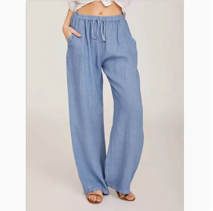 Women Fashion Cotton Linen Pants Elastic Waist Loose Straight Pants Female Casual Solid Color Versatile Trousers