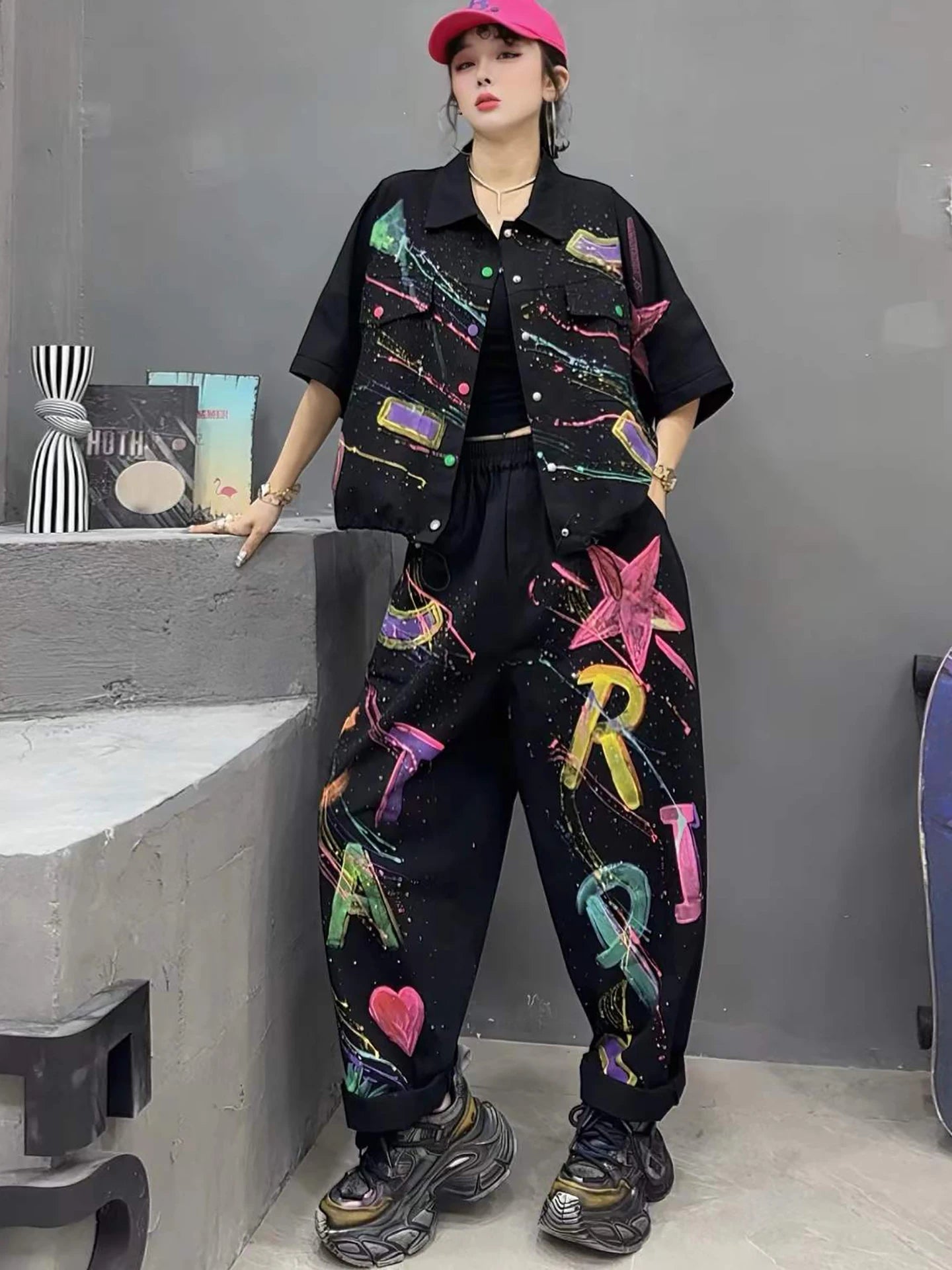 Personalized Hand-painted Denim Outfit Women 2026 Summer Short-sleeve Coat + Loose Long Pants Two-piece Set