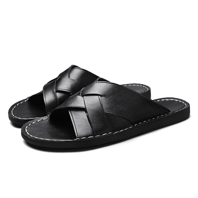 Handmade Leather Slippers for Men, Beach Summer Walking Shoes Slip on Light Male Flats Men Flip-flops Outdoor Half Drag