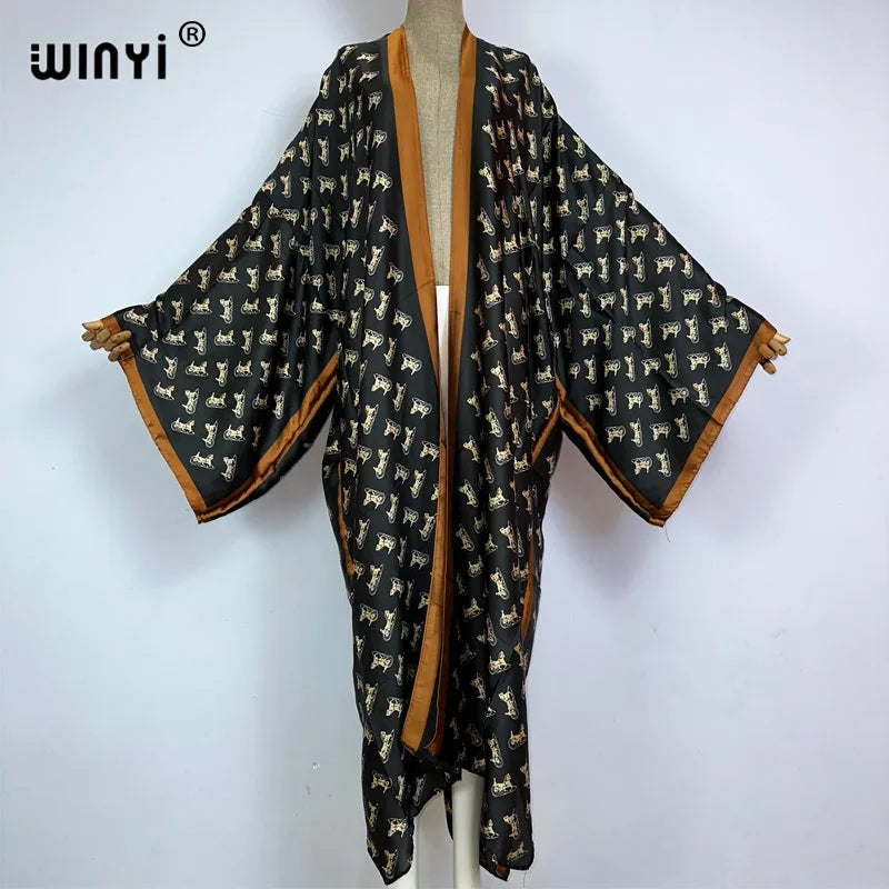 Women Cardigan stitch Cocktail sexy Boho Maxi African Holiday Batwing Sleeve Silk feeling Robe