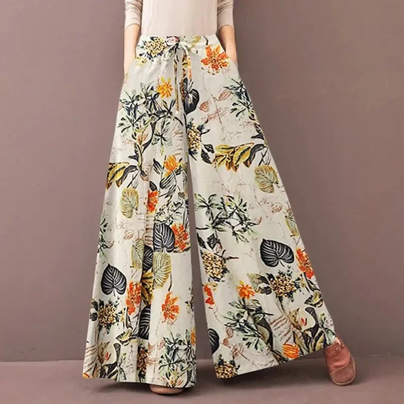 Floral Print Wide Leg Women Pants Spring Drawstring Bohemia Trousers Lady Casual Loose Elastic Waist