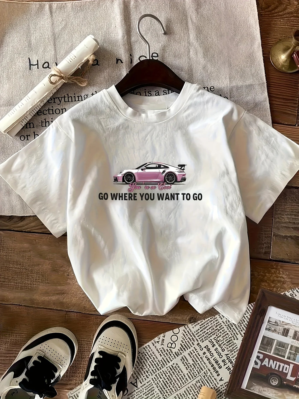 Pink Sports Car Freedom Women's Tee - Trendy Automotive Graphic, Casual Cool Top