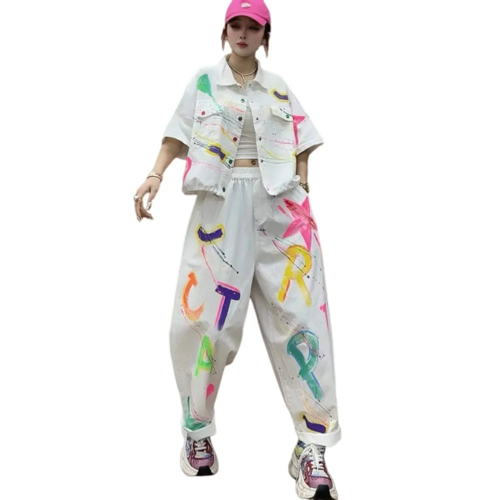 Personalized Hand-painted Denim Outfit Women 2026 Summer Short-sleeve Coat + Loose Long Pants Two-piece Set