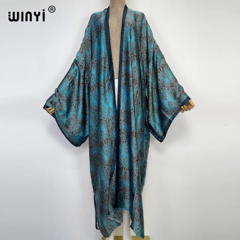 Women Cardigan stitch Cocktail sexy Boho Maxi African Holiday Batwing Sleeve Silk feeling Robe