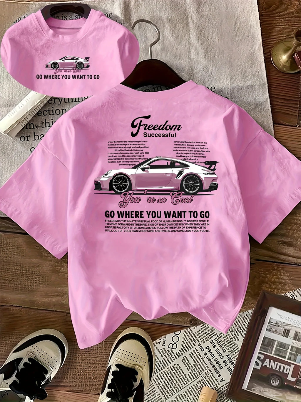 Pink Sports Car Freedom Women's Tee - Trendy Automotive Graphic, Casual Cool Top