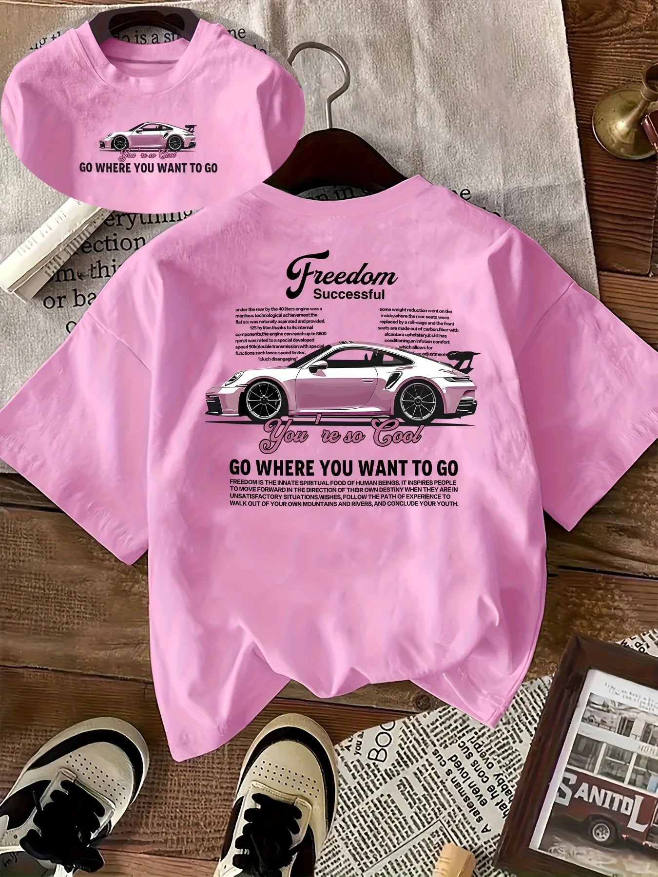 Pink Sports Car Freedom Women's Tee - Trendy Automotive Graphic, Casual Cool Top