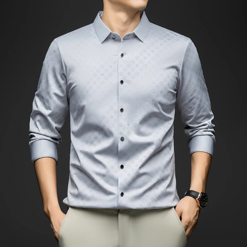 Luxury Men Shirt Long Sleeve Turn Down Collar Business Casual Button Down Dress Shirt