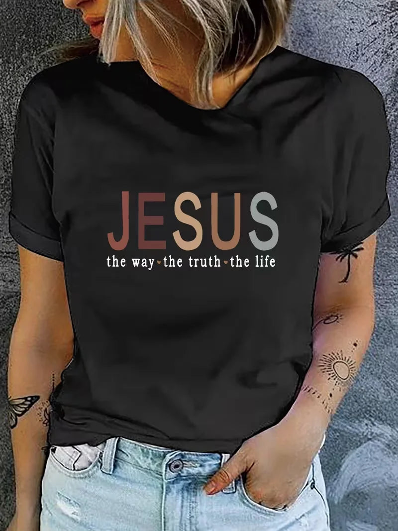 Women'S Casual T-Shirt Colorful Letter Print - "Jesus" The Way The Truth The Life" Design,