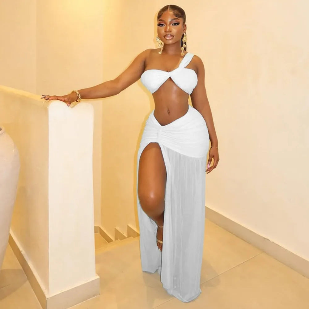Sexy Mesh Ruched 2 Piece Sets Woman Strapless Crop Tops And High Split Long Skirts Suits Elegant Beach Vacation Clothing