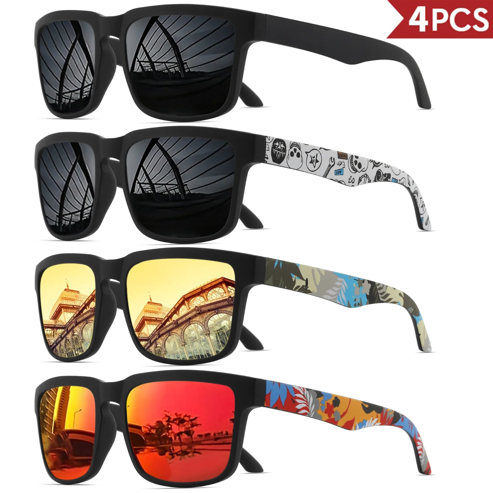 4PCS Square Sports Sunglasses with Designer Temple Pattern - UV400 for Men/Women, Beach Vacation