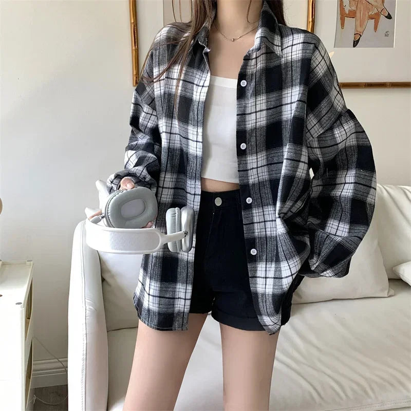 Flannel Shirts for Women Long Sleeve Collared Button-Up Tartan Plaid Shirt Jacket  Teen-girl Casual Everyday Outfit