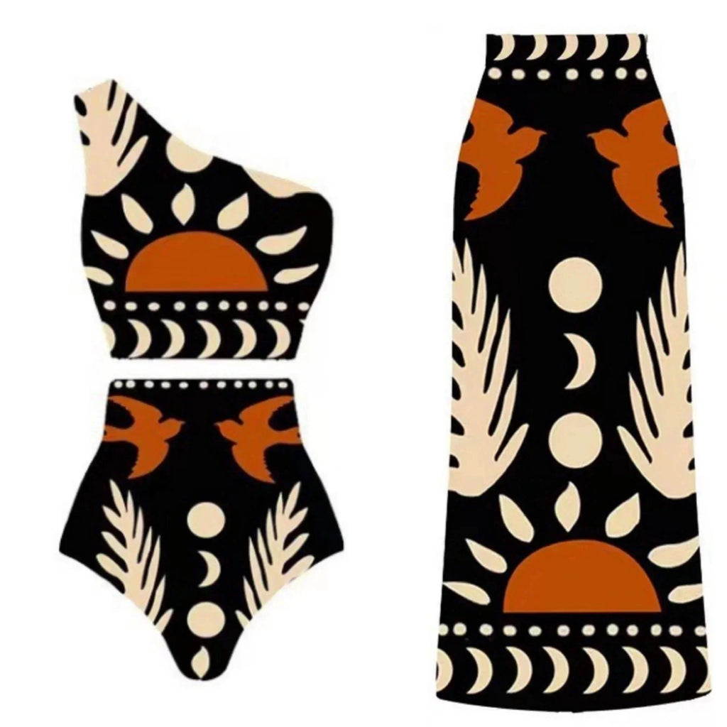 Sexy Bird Print Mesh High Waist Bikini 3 Pieces Sets Women Fashion Hollow Out One Pieces Swimwear 2026 New Beach Sarong Monokini