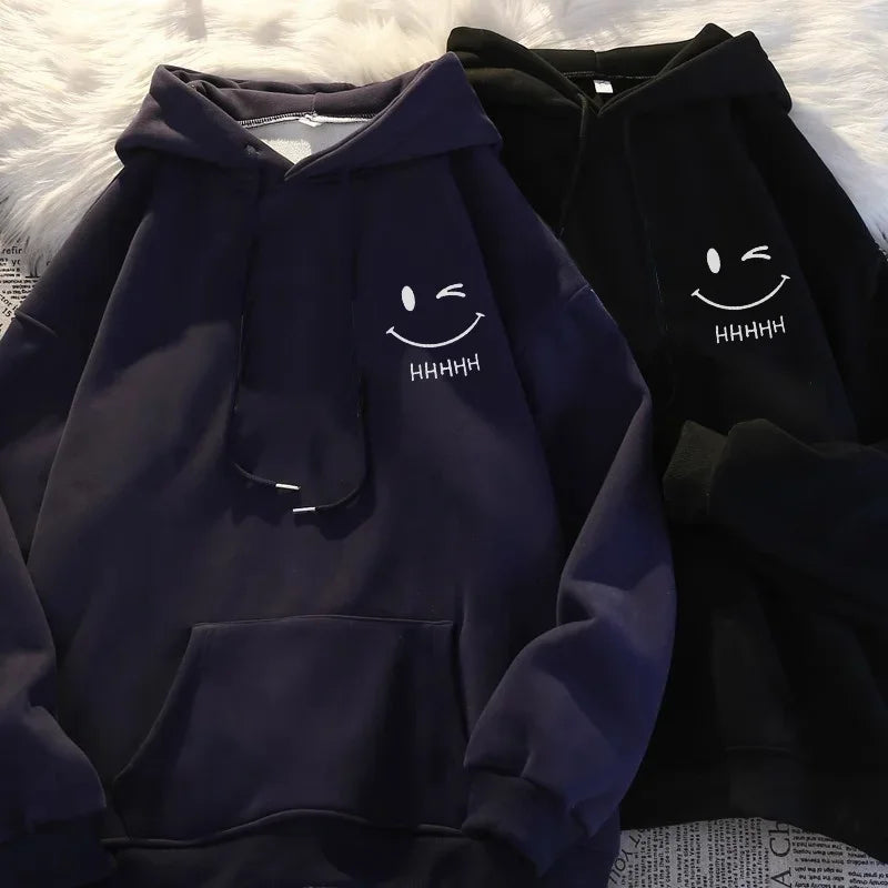 Women's Smiling Face Funny Fashion Couple Hooded Sweater American Heavyweight Loose Thickened Cashmere Boys' Hoodie Pullover Top