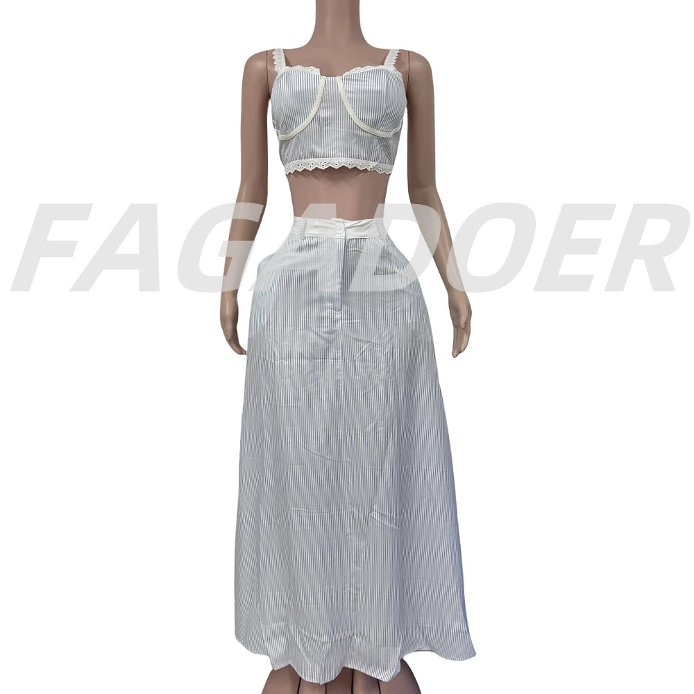 Elegant Lace Patchwork 2 Pieces Set for Woman Spaghetti Strap Stripes Camisole and Skirt