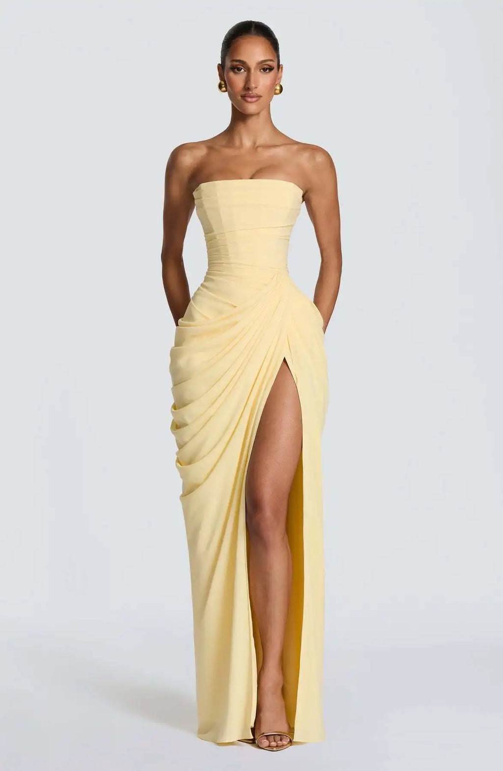 FL Women Sexy Solid Pleated Strapless Dress Lady Chic Off-shoulder Backless High Waist Split Dresses 2026 New Evening Party Gown