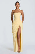 FL Women Sexy Solid Pleated Strapless Dress Lady Chic Off-shoulder Backless High Waist Split Dresses 2026 New Evening Party Gown
