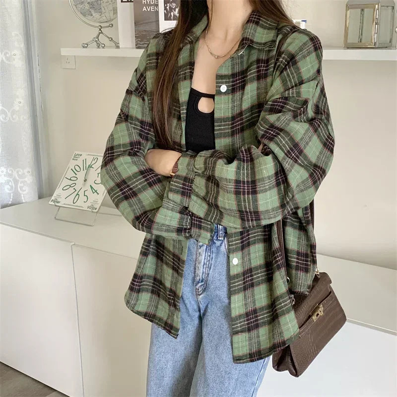 Flannel Shirts for Women Long Sleeve Collared Button-Up Tartan Plaid Shirt Jacket  Teen-girl Casual Everyday Outfit