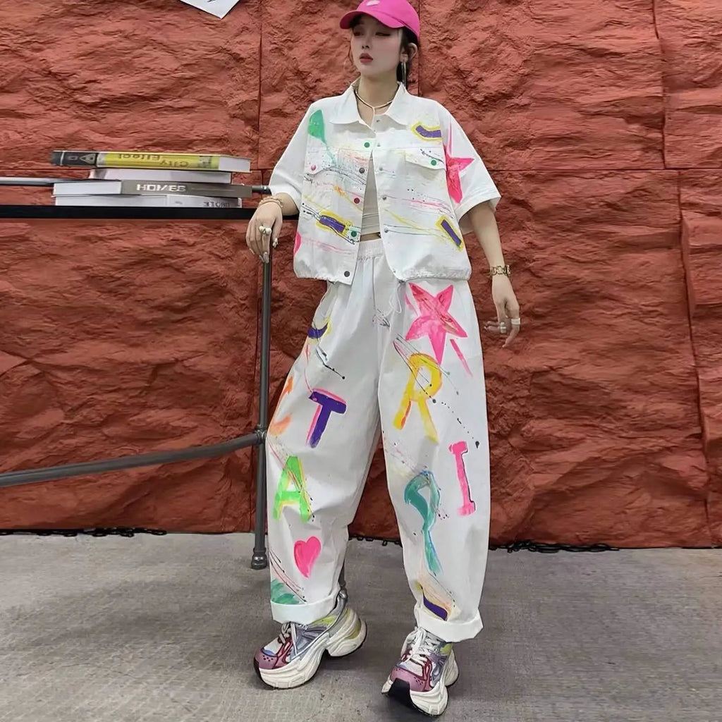 Personalized Hand-painted Denim Outfit Women 2026 Summer Short-sleeve Coat + Loose Long Pants Two-piece Set