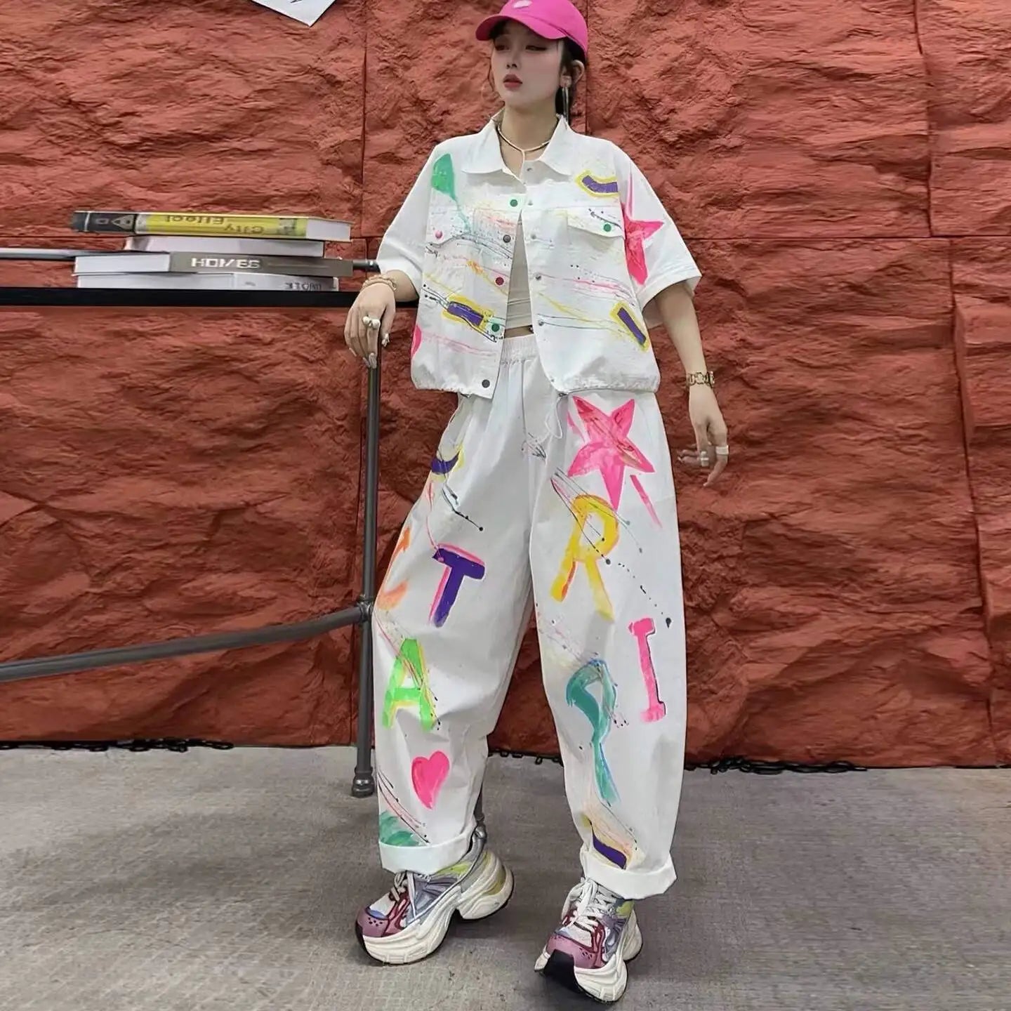 Personalized Hand-painted Denim Outfit Women 2026 Summer Short-sleeve Coat + Loose Long Pants Two-piece Set