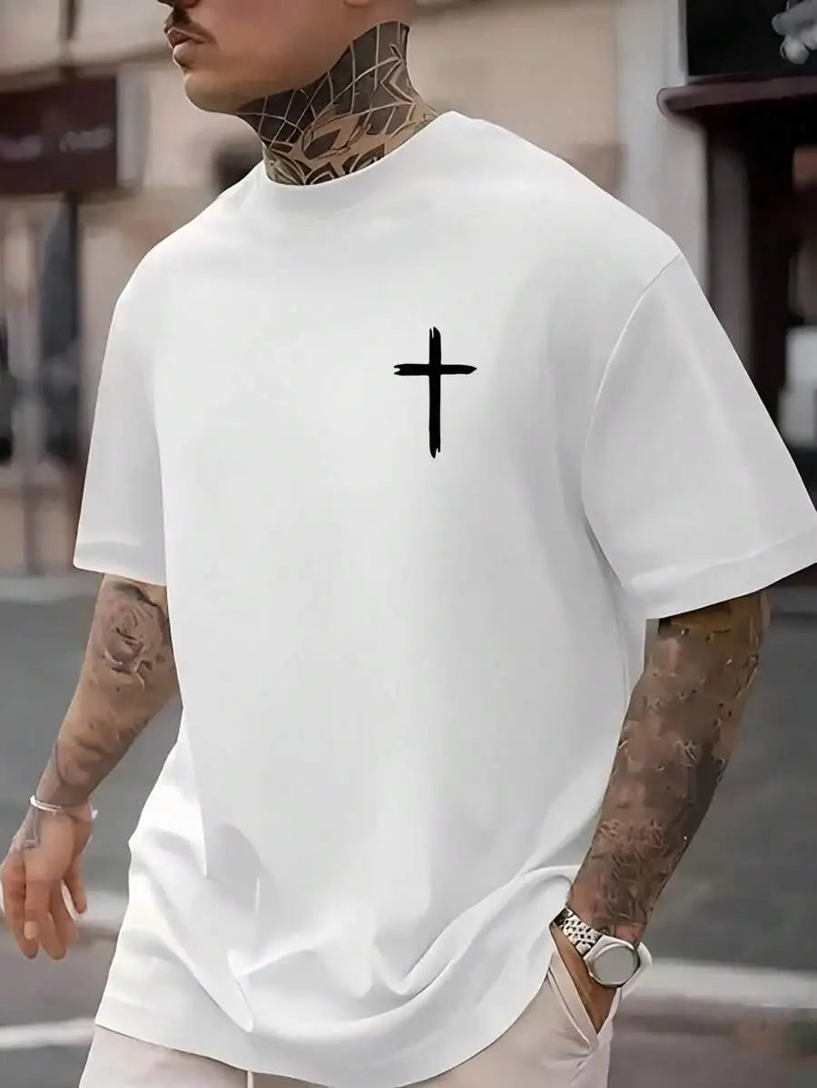 Men's Plus Size Jesus Pattern T-Shirt - Loose Fit Short Sleeve Top With Inspirational Religious