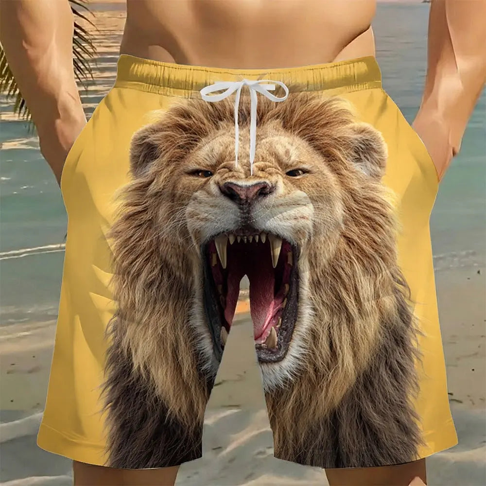 Men's Lion & Tiger Animal Print Beach Shorts, Mid Waist Drawstring Casual Shorts with Side Pockets, Vacation Outfits for Summer