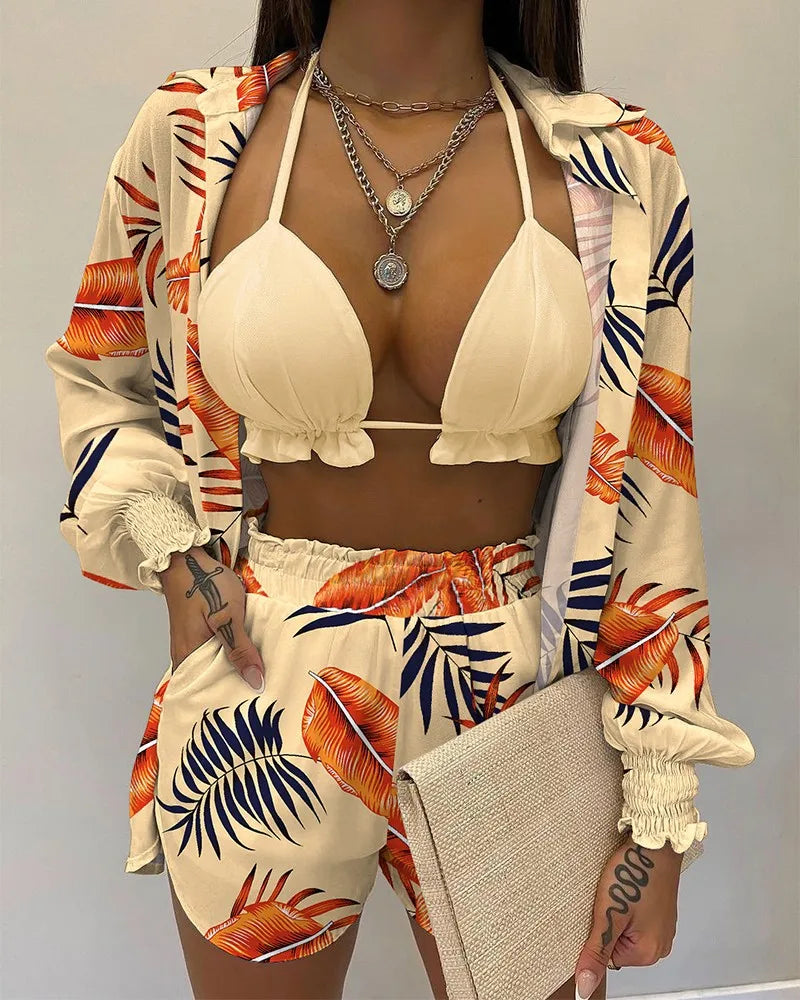 New Bathing Suit Shorts Cover Up Summer Three Pieces Swimwear Sexy Beachwear High Waist Bikini Set Print Women's Swimsuit