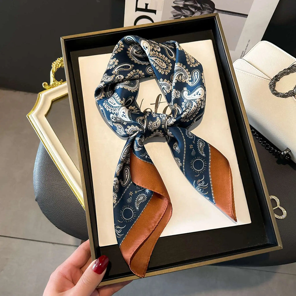 Luxury Imitation Silk Scarf Black And White Striped Head Wrap For Women Multifunction Silk Feeling Neckerchief