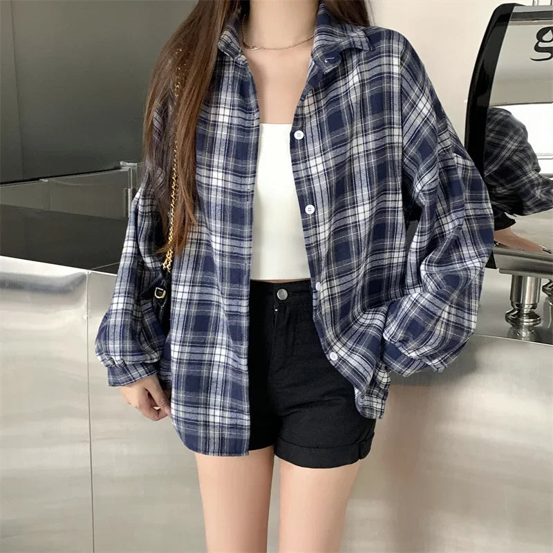 Flannel Shirts for Women Long Sleeve Collared Button-Up Tartan Plaid Shirt Jacket  Teen-girl Casual Everyday Outfit