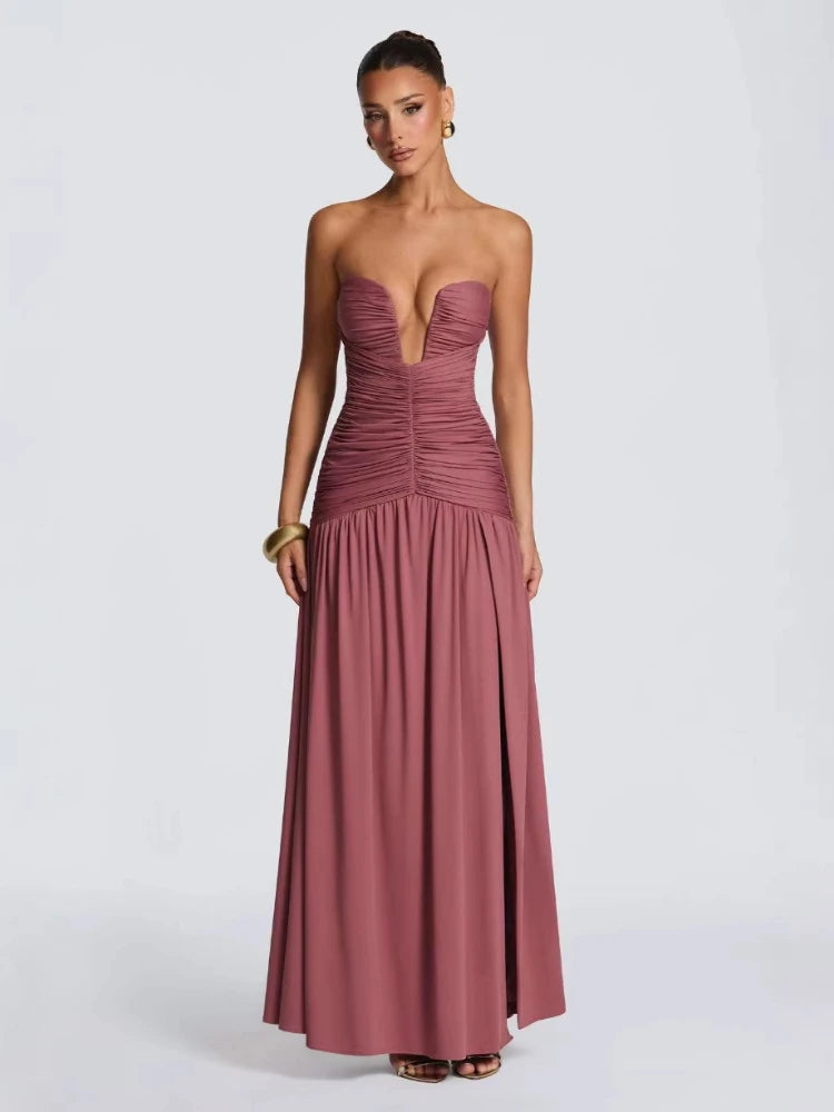 Strapless Deep V Neck Ruched Maxi Dresses for Women 2026 Elegant High Split Bodycon Party Evening Dress White Coffee