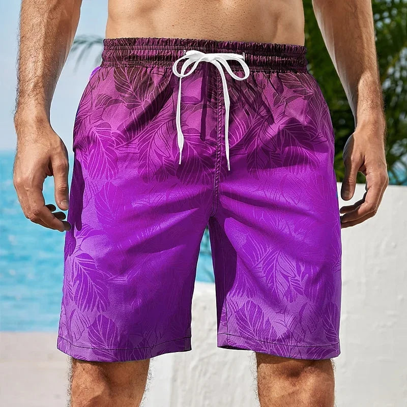 Men's gradual change pattern beach shorts, colorful 3D printed surf shorts, summer casual vacation loose shorts, surf trunks