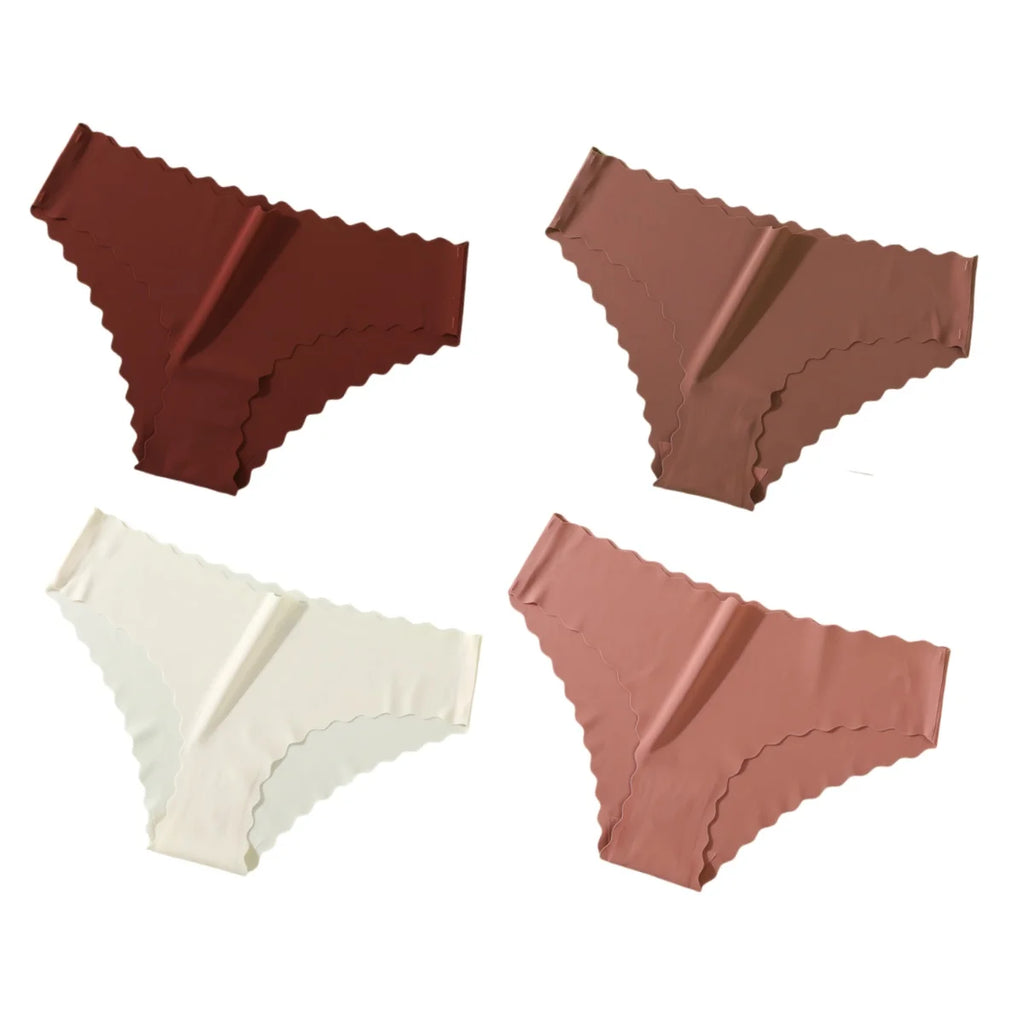 4Pcs/Set Ice Silk Mid-Rise Panties Women's Seamless Briefs Solid No Show Underwear Scalloped Edge Panties Sexy Lingerie
