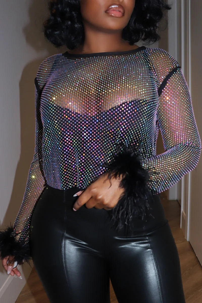 Women‘s Plus Size Mesh T shirt Feather Sleeve Sexy Sequin Cropped Top Transparent Long Sleeve