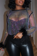 Women‘s Plus Size Mesh T shirt Feather Sleeve Sexy Sequin Cropped Top Transparent Long Sleeve