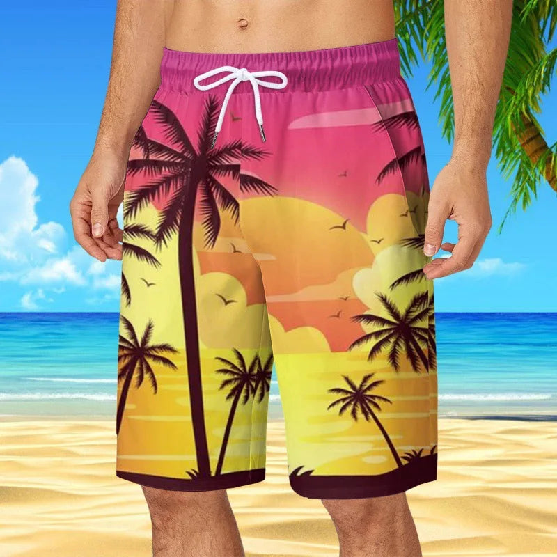 Men's Hawaiian Beach Shorts Coconut Tree 3D Print Quick Dry Oversized Surfing Board Shorts Summer Swimsuits Trunks Man Clothing