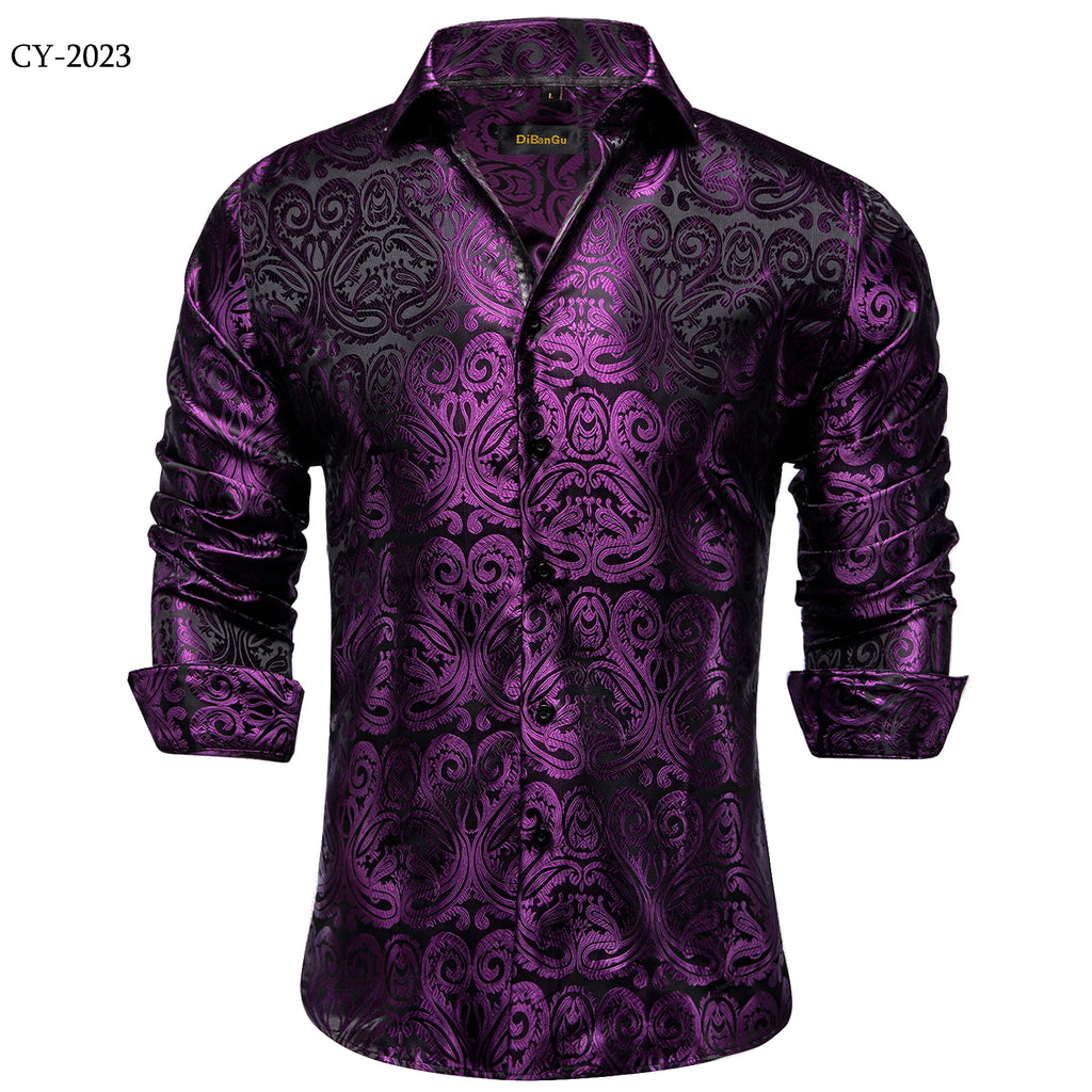 Men's Shirts Long Sleeve Polyester Dress Shirts Luxury Tuxedo Turn Down Collar Social Paisley Shirt Men Clothing